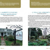 A brochure in a Martha’s Vineyard travel guide highlights In My Footsteps by Schiffer Publishing, Ltd., featuring images of iconic local sites like white inns, stone walls, classic signs, and lush greenery.