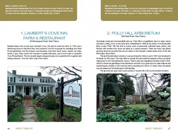 A brochure in a Martha’s Vineyard travel guide highlights In My Footsteps by Schiffer Publishing, Ltd., featuring images of iconic local sites like white inns, stone walls, classic signs, and lush greenery.