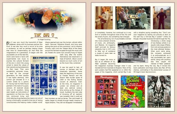 A two-page It Must Be Art magazine spread by Schiffer Publishing, Ltd. has The Big O article, collage, blue Big O Posters print, 1960s psychedelic art on the left, and smaller photos of people, a storefront, plus text on the right.
