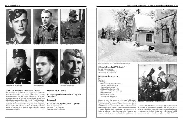 A spread from "The 23rd Waffen-SS Volunteer Panzergrenadier Division Nederland" (Schiffer Publishing, Ltd.) features black-and-white photos of German soldiers and wartime scenes, with text on military units and orders in Waffen-SS history.