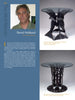 A magazine page features David Hubbard’s headshot, bio, and photos of two Bespoke tables from Schiffer Publishing, Ltd., each with a sculptural steel base and an elegant glass top.