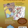 Back cover of Schiffer Publishing, Ltd.’s "Stories of West Africa" coloring book, featuring an illustrated man playing a flute and woman with child amid vibrant West African fabrics. Explore West African culture through stunning coloring pages.