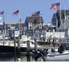 Boats dock at a harbor with gray shingled houses and American flags, under a clear sky. "Nantucket Vistas" by Schiffer Publishing, Ltd. captures this classic coastal scene in stunning photography.
