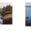 “Embracing Light” by Schiffer Publishing, Ltd. features two landscapes: a misty, pine-lined rocky coast reminiscent of Acadia National Park, and a serene, rock-strewn lake with reflective water beneath a clear sky.