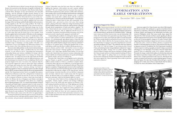 Two pages from “The Tenth Air Force in World War II” by Schiffer Publishing, Ltd. show text and a photo of Allied airmen in uniform talking under a structure. The chapter is titled “Formation and Early Operations.”.