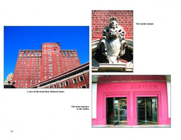 A collage from "Greetings from Buffalo, New York" by Schiffer Publishing, Ltd. features a grand red-brick hotel, an ornate exterior statue, and the “Hotel Statler” entrance—capturing classic Buffalo architecture and history in iconic photographs.