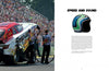 A crew services a drag racing car at a racetrack, while on the right page, a vibrant striped helmet appears above the title Pinball Wizards & Blacklight Destroyers by Schiffer Publishing, Ltd. and some descriptive text.