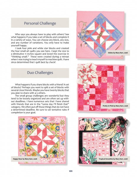 A magazine page for Schiffer Publishing, Ltd.'s "A Quilt Block Challenge" shows four pink and white patchwork blocks with floral and geometric designs. Sections titled Personal Challenge and Duo Challenges outline creative block prompts.