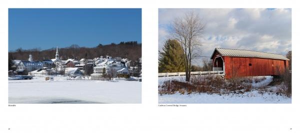 Left: A snowy New Hampshire town with a church steeple. Right: A red covered bridge spans a wintry landscape. From "Welcome to New Hampshire" by Schiffer Publishing, Ltd.