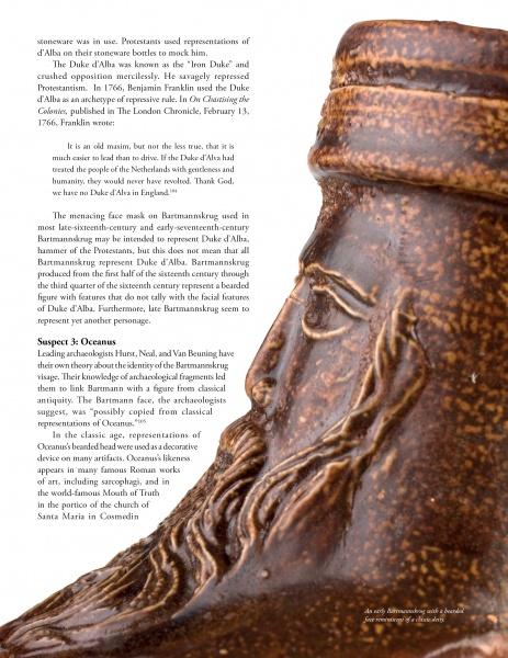 On the right, a close-up displays Early German Stoneware with a bearded face. On the left, text from Schiffer Publishing, Ltd. delves into the history and symbolism of Bartmann jugs and the figure of Oceanus.