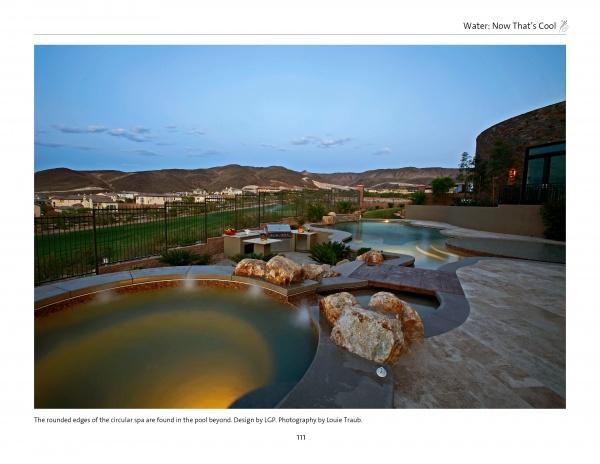 Find luxurious backyard inspiration in "New Ideas for Living Outdoors" by Schiffer Publishing, Ltd.—explore designs with circular spas, pools, and hardscapes set against scenic hills and sunset views.