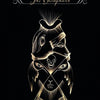 Featuring stylized gold line art of The Hierophant from the White Witch Tarot by Schiffer Publishing, Ltd., this mystical card shows a symmetrical face, skull, and two crossed keys with eyes on a black background.