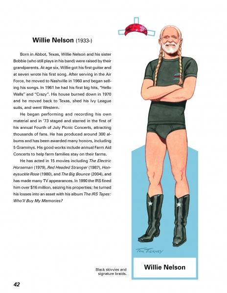 Illustration of Willie Nelson in black attire and boots, with long braids, smiling. Text celebrates his legacy as a famed Texas musician, with a red bandana above him. Inspired by Texas paper dolls. From Famous Texas Men by Schiffer Publishing, Ltd.