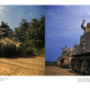 Two color photos feature WWII M3 Medium Tanks from Schiffer Publishing, Ltd., moving through dirt with soldiers atop—one image shows a dusty landscape and trees, while the other has soldiers waving at the camera from the tank.