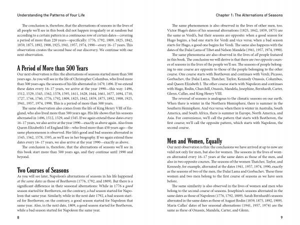 A spread from "Understanding the Patterns of Your Life" by Schiffer Publishing, Ltd. features pages titled “A Period of More than 500 Years,” “Two Courses of Seasons,” and “Men and Women, Equally,” exploring history, life patterns, and growth.