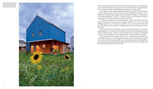 A charming blue two-story home with a wooden porch sits amid yellow blooms in a grassy yard, highlighting thoughtful design. The cloudy dusk sky sets the mood. "Design with Love" by Schiffer Publishing, Ltd. is shown on the right.