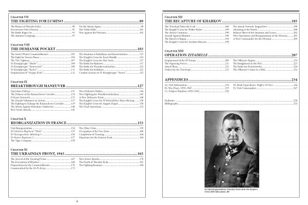 The table of contents from "The 3rd Waffen-SS Panzer Division Totenkopf, 1939-1943" (Schiffer Publishing, Ltd.) lists WWII battles—including the Eastern Front—with a black-and-white officer’s portrait on the lower right page.