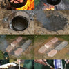A step-by-step collage features Schiffer Publishing, Ltd.’s Dutch Oven: grilling meat over fire, boiling water in the oven, a covered pot in a fire pit, cooking ashes, ground bricks, ladling baked beans, and serving eggs and meat on a plate.