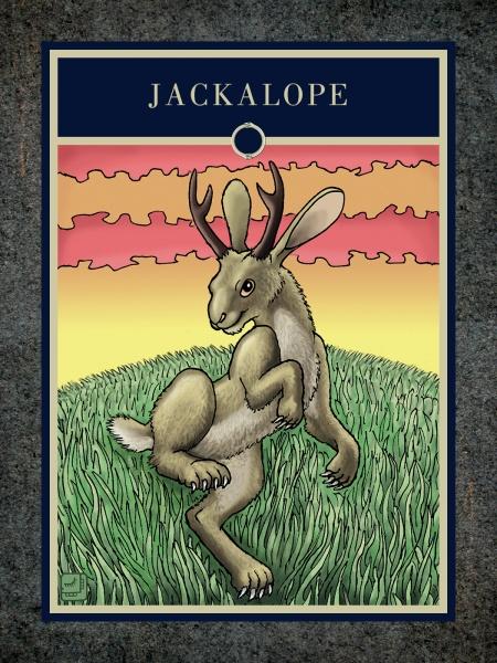 An illustration of a jackalope stands on hind legs in a grassy field at sunset, beneath the label "The Mythical Creatures Oracle" by Schiffer Publishing, Ltd., evoking the wonder of a mythology guidebook.