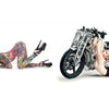 Featured in "Alvarado's Pin-up Nudes, 2nd Edition" by Schiffer Publishing, Ltd., a tattooed woman in heels poses on the floor as another in black latex and heels strikes an upside-down pose on a motorcycle against a white backdrop.