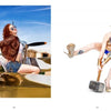 Left: A woman in aviator jacket and shorts poses on an aircraft. Right: A dynamic, tattooed model dressed as Wonder Woman lifts a hammer. From "Alvarado's All-American Girls" by Schiffer Publishing, Ltd.