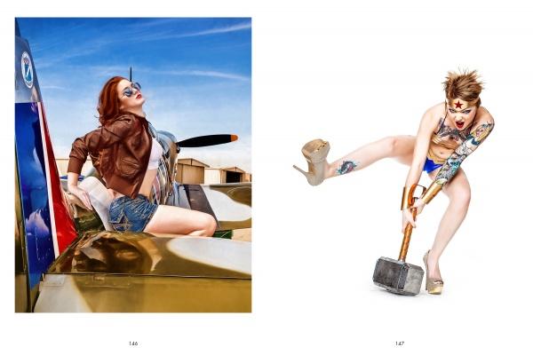 Left: A woman in aviator jacket and shorts poses on an aircraft. Right: A dynamic, tattooed model dressed as Wonder Woman lifts a hammer. From "Alvarado's All-American Girls" by Schiffer Publishing, Ltd.