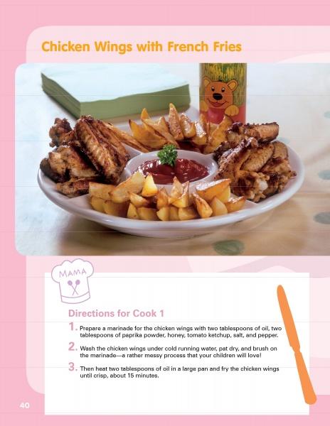 Enjoy a plate of chicken wings and fries served with ketchup, with a cheerful bear above the fries—perfect for fans of interactive cooking fun. "Cooking Together" by Schiffer Publishing, Ltd. brings culinary games to life!.