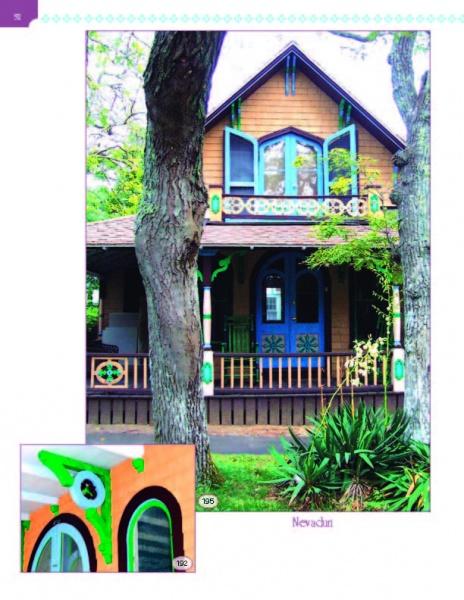 A two-story house with brown siding and colorful trim features intricate Victorian details, as seen in "Painted Ladies: Corbels & Gingerbread" by Schiffer Publishing, Ltd. An inset highlights a window's green trim.