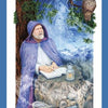 An elderly man in a purple cloak writes in a book on a stone table by a tree. A Gaian Tarot card (Schiffer Publishing, Ltd.) lies nearby, as an owl watches from above and snowy mountains rise beneath the night sky.