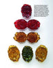 Five intricately carved Bakelite Jewelry pieces from Schiffer Publishing, Ltd. in red, amber, and green are arranged vertically on a white background with a text block in the upper right, showcasing their vintage charm.