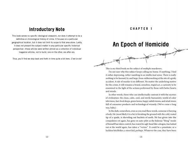 A book spread from "Notorious Crimes of the Upper Midwest" by Schiffer Publishing, Ltd. displays an intro note on the left and Chapter 1, "An Epoch of Homicide," with a barbed wire graphic above the title—an arresting start to true crime tales.