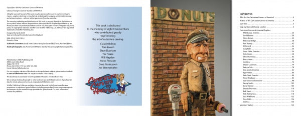 An open copy of Thinking Inside the Roughout by Schiffer Publishing, Ltd. shows copyright info, a dedication with a cartoon woman holding a tray, a police officer puppet at a donut shop (caricature carving), and the table of contents.