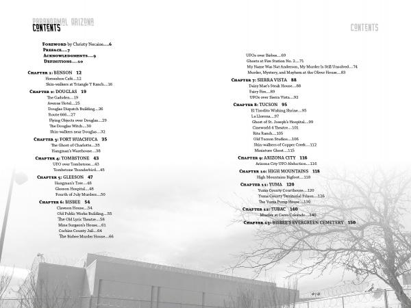 The table of contents page of "Paranormal Arizona" by Schiffer Publishing, Ltd. lists chapters under categories like Bisbee, Douglas, and Fort Huachuca—each delving into Arizona's paranormal tales—set against a shadowy backdrop of trees and buildings.