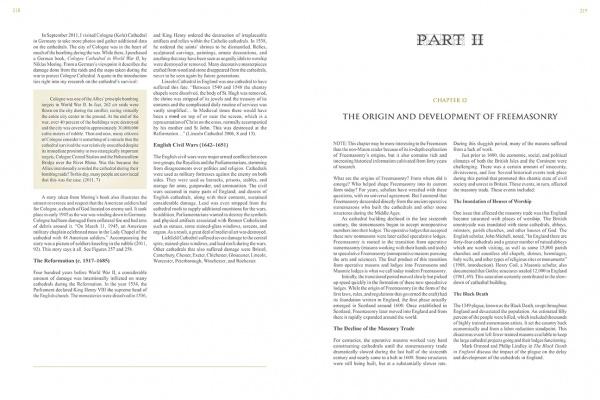 A two-page spread from Schiffer Publishing, Ltd.’s "Cathedrals Built by the Masons" shows columns of text. The right page, titled “PART II: THE ORIGIN AND DEVELOPMENT OF FREEMASONRY,” discusses links to European cathedrals and Gothic architecture.