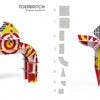 Two colorful 3-D structures built with the ArchiTek cardboard building kit by Schiffer Publishing, Ltd. are shown: an arch in red, yellow, and white patterns and a tall spiky structure in striped and checkered red, yellow, black, and white designs.