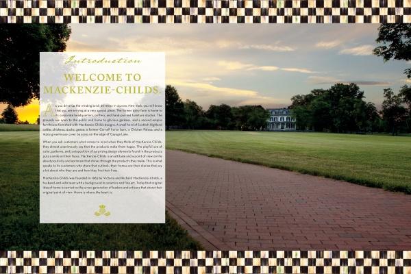 A brick path winds across a green lawn to a mansion at sunset, bordered by trees and signature MacKenzie-Childs black-and-white checks—inviting visitors to discover "Celebrating MacKenzie-Childs" from Schiffer Publishing, Ltd.