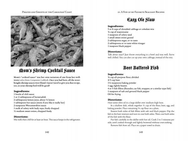 Pirates and Ghosts of the Carolinas' Coast by Schiffer Publishing, Ltd. features recipes for shrimp cocktail sauce, coleslaw, and beer-battered fish, plus a raw shrimp photo—great for fans of pirate legends and haunted North Carolina sites.