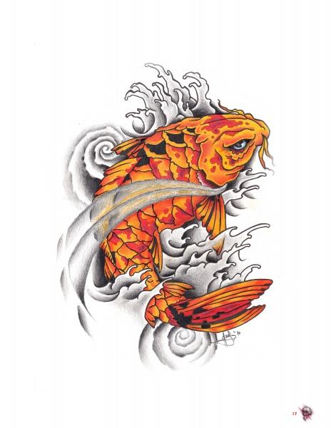 A vibrant orange and red koi swims upward through stylized gray and white waves, featuring dynamic water patterns—an eye-catching piece from "Life & Death in Tattoo Flash" by Schiffer Publishing, Ltd.