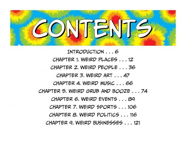 A vibrant tie-dye cover displays "CONTENTS" boldly. Inside, "Keeping Austin Weird" by Schiffer Publishing, Ltd. explores Austin’s quirky gems like the Cathedral of Junk, plus its unique art, music, food, events, sports, politics, and local businesses.