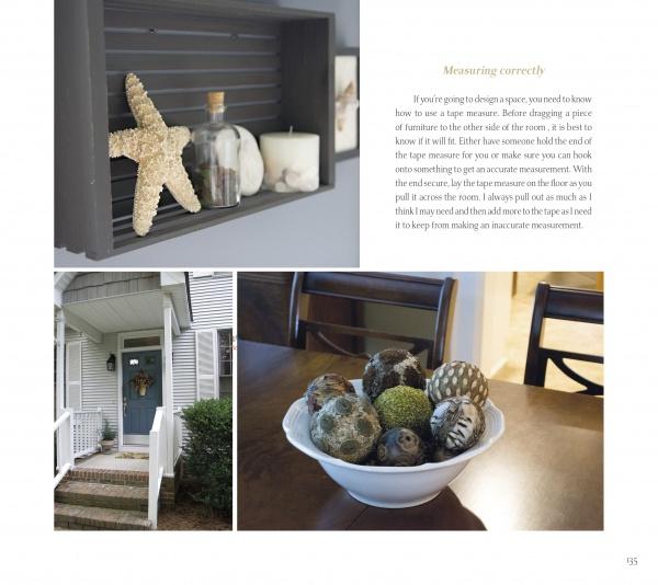 Design on the Fly" by Schiffer Publishing, Ltd. showcases a shelf with starfish and shells, a porch with potted plants, and a dining table with decorative balls, plus tips like using a tape measure for precise measurements.