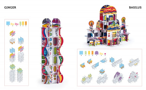 The ArchiPop kit by Schiffer Publishing, Ltd. includes two colorful models—Ginger (tall, narrow) and Basilus (large, intricate)—with interlocking pieces and assembly diagrams showing numbered parts below each structure.