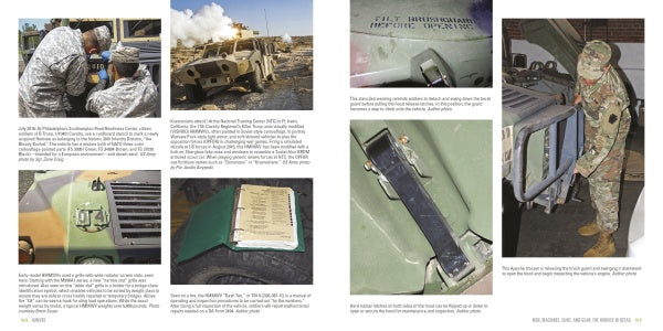 Two-page spread from Schiffer Publishing, Ltd.’s Humvee manual showing soldiers maintaining a Humvee, detailed photos of vehicle parts, and captions outlining key maintenance and repair techniques.
