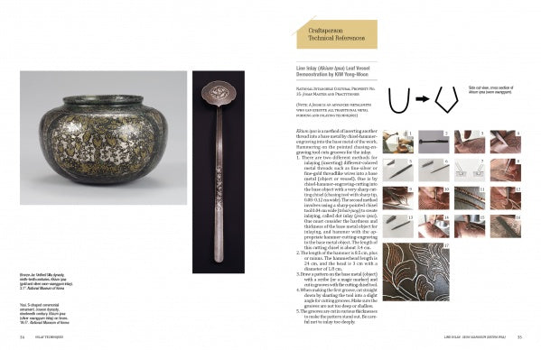 A magazine spread on Korean Metal Art by Schiffer Publishing, Ltd. displays a decorated metal jar, ornate spoon, step-by-step instructions with hand-drawn arrows, and photos illustrating traditional metalworking techniques.