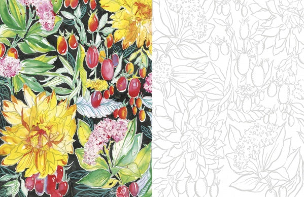 A split image from Schiffer Publishing’s The Art for Joy's Sake Journal shows Kristy Rice’s vibrant watercolor of yellow flowers, red berries, and green leaves on the left, with a matching black-and-white coloring page on the right.