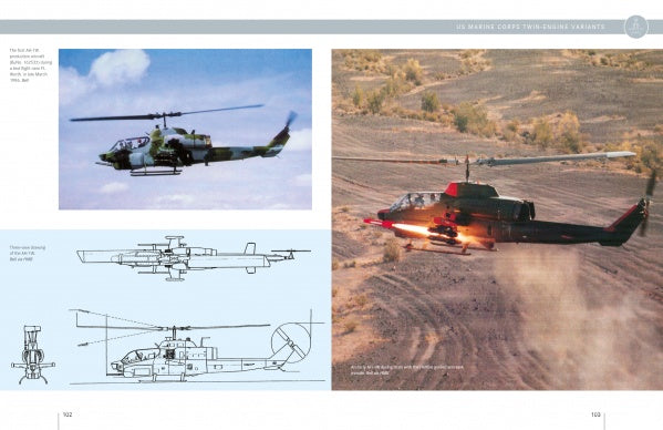 A collage of two Bell AH-1 Cobra helicopters in flight—one firing rockets—with technical line drawings, set over a dry grass landscape. Showcasing military history. Product: The Bell AH-1 Cobra by Schiffer Publishing, Ltd.