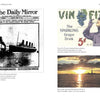 A book spread features a vintage Titanic newspaper clipping on the left, Harriet Quimby (by Schiffer Publishing, Ltd.) enjoying a sparkling grape drink on the top right, and a sunset with a lighthouse over water on the bottom right.