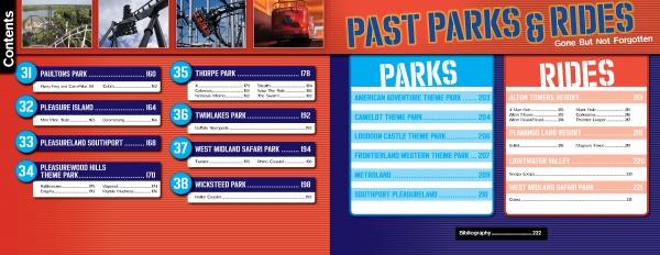 The “Past Parks & Rides” section in Coasting Around the UK by Schiffer Publishing, Ltd. features a table of contents with blue and orange accents, UK coaster images, and British park and ride names with page numbers aligned left and right.