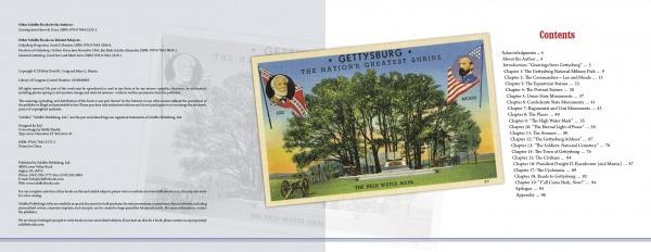 The contents page of Greetings from Gettysburg by Schiffer Publishing, Ltd. shows a colorful vintage postcard with trees, cannons, and U.S. flags. Chapter titles and page numbers are on the right, publication info on the left.