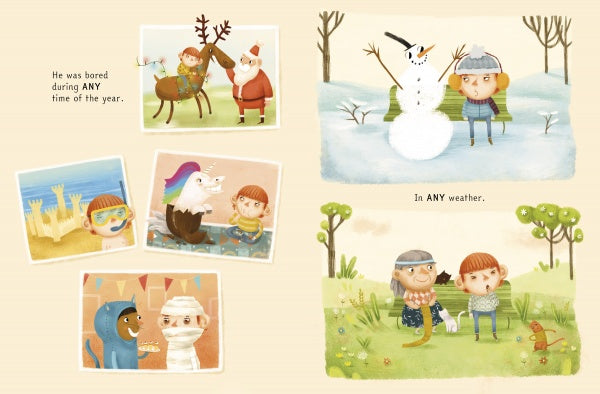 Schiffer Publishing, Ltd.’s "King of Boredom" celebrates kids’ creativity with cartoon scenes: a boy and his friend dress as Santa and reindeer, build sandcastles, play outside with their dog and dinosaur toy, enjoy costumes, snowmen, and more adventures.