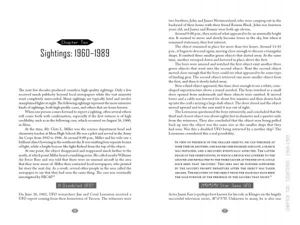 Pages 28–29 of Schiffer Publishing’s UFOs Over Arizona show a spread titled "Chapter Two—Sightings: 1960–1989," featuring Arizona UFO sightings with text boxes like "Harassed by UFO" and "Saw E.T." documenting notable encounters.